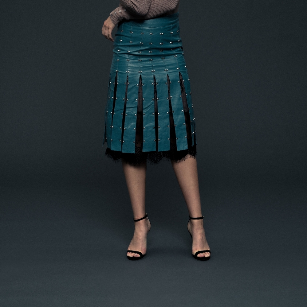 Teal Faux Leather Studded Laced Skirt